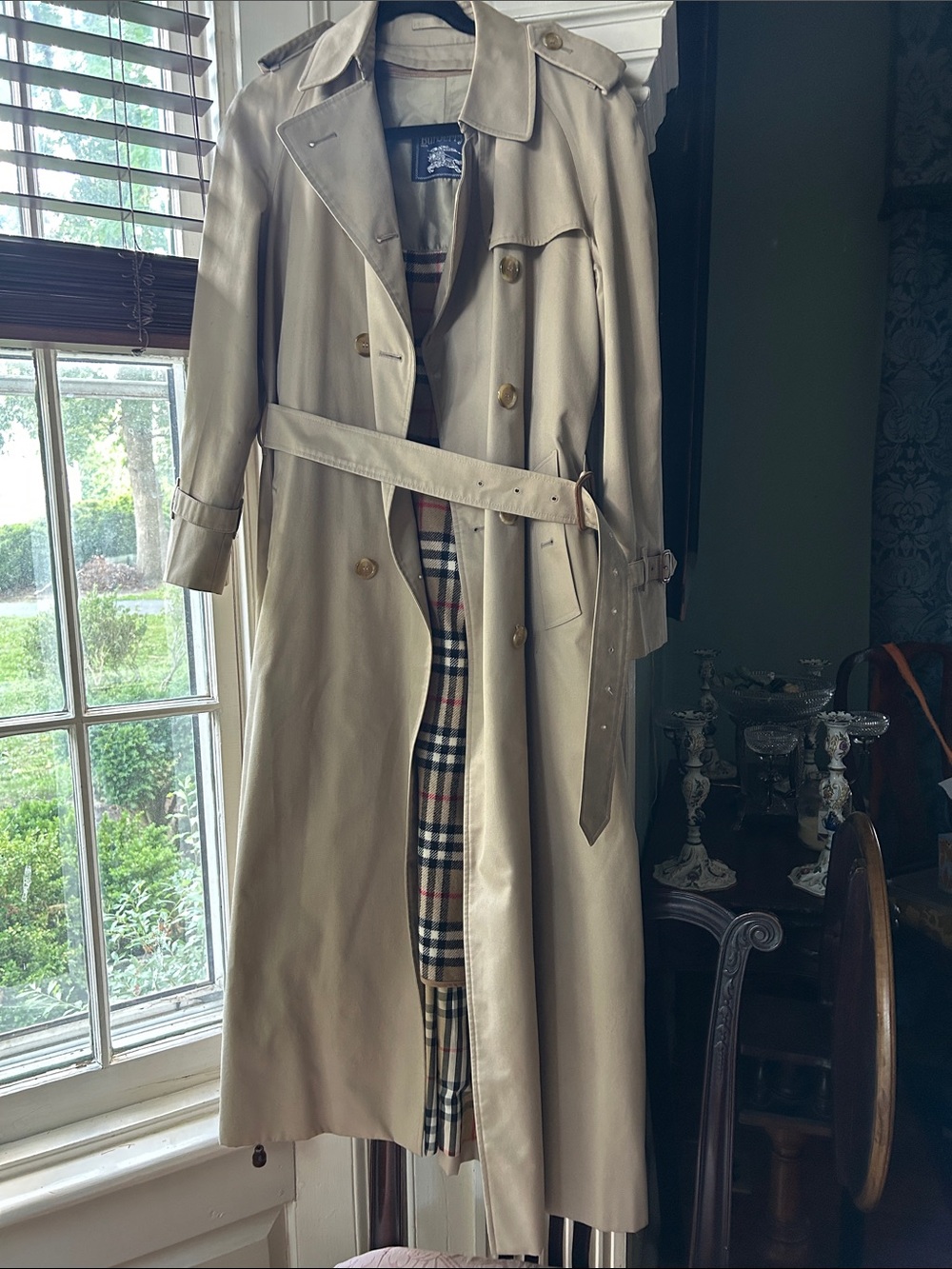 Burberry Beige Double-Breasted Trench Coat with Check Lining